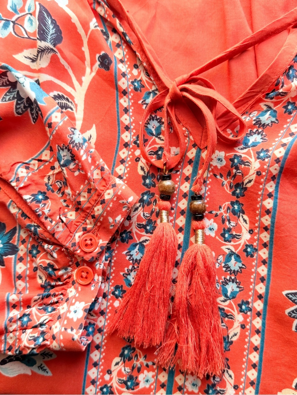 Chico’s Orange Floral Boho Beaded Blouse V-Neck Tassel Tie Front Long Sleeve XL - Picture 5 of 16